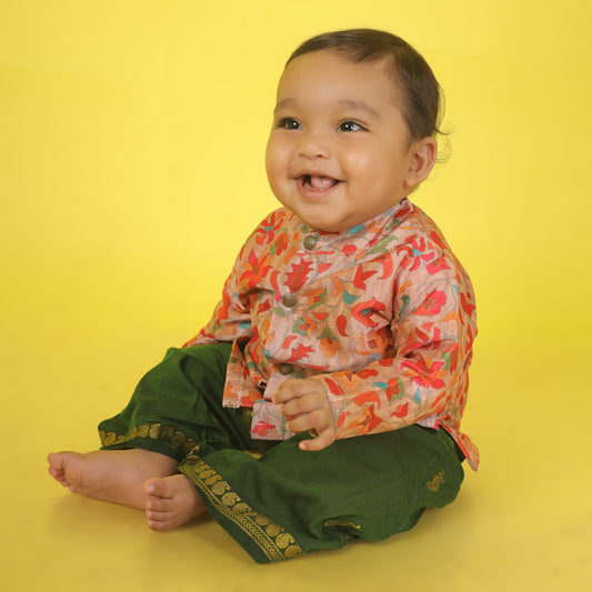 Traditional Indian Multi floral Autumn Baby Boy Silk Kurta Green Dhoti Set