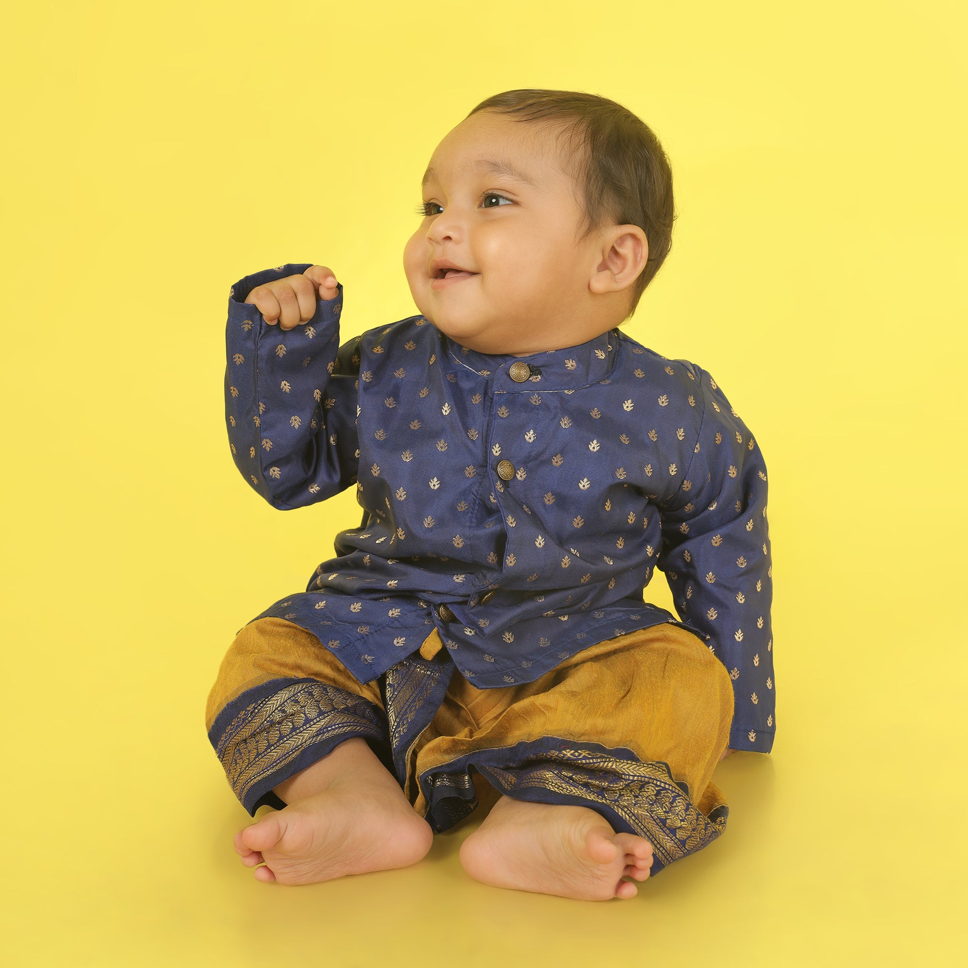 Navy Blue and Mustard Yellow Semi Silk Baby Boy Kurta Dhoti Set