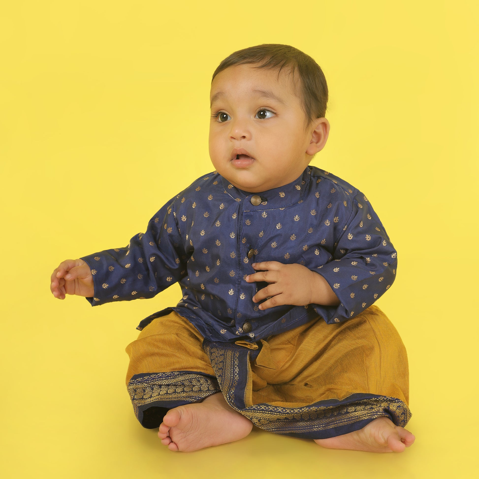 Navy Blue and Mustard Yellow Semi Silk Baby Boy Kurta Dhoti Set