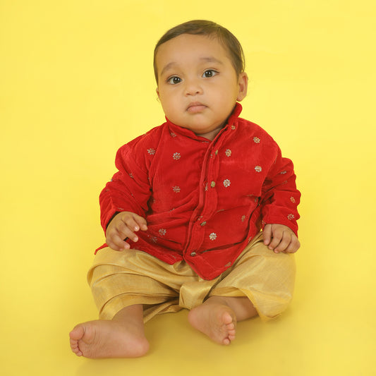Velvet red and gold color kurta dhoti ethnic wear for baby boy