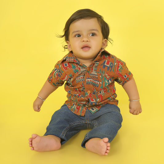 Indian tribal print brown - casual, comfortable, breathable, soft organic 100% cotton shirts for baby boy