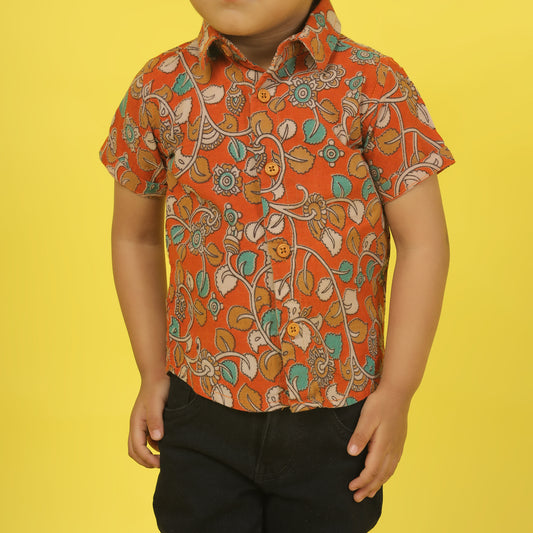 Kalamkari Indian print on orange - casual, comfortable, breathable, soft organic 100% cotton shirts for baby boy