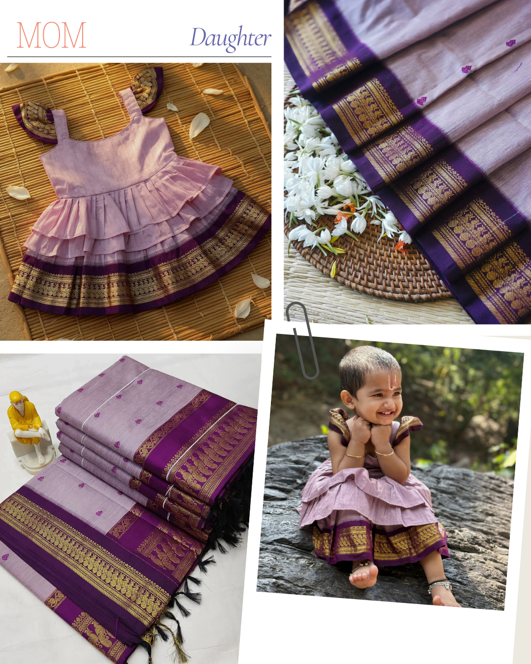Lavender with wine mom and daughter twinning dress and saree