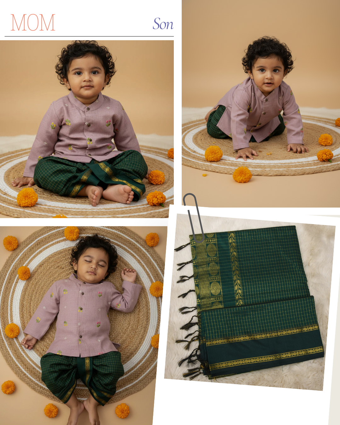 Pure Linen Lavender and Bottle green checks Kurta Dhoti and saree - mom and son combo