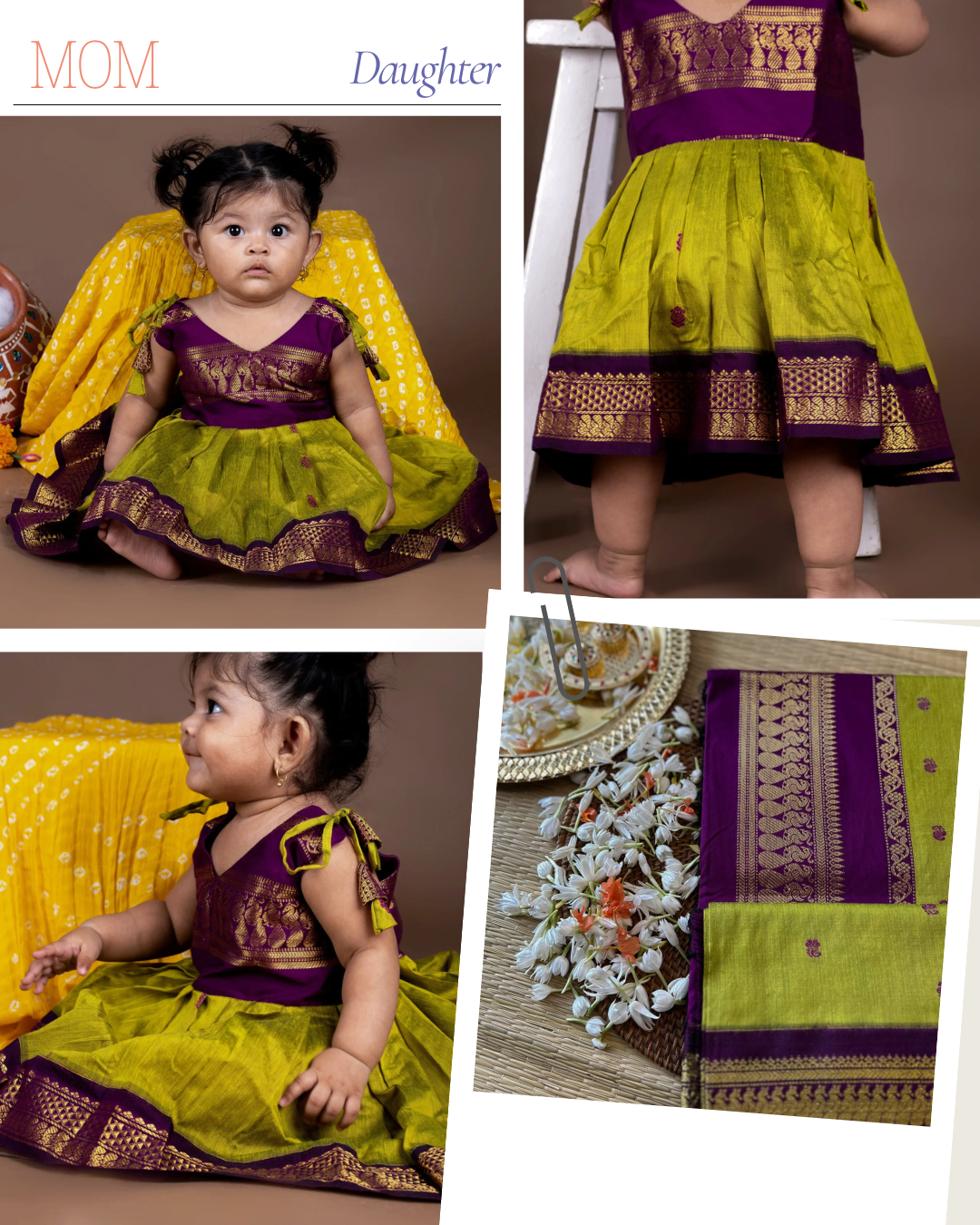 Green and wine - tie up frock & saree mom and daughter combo set