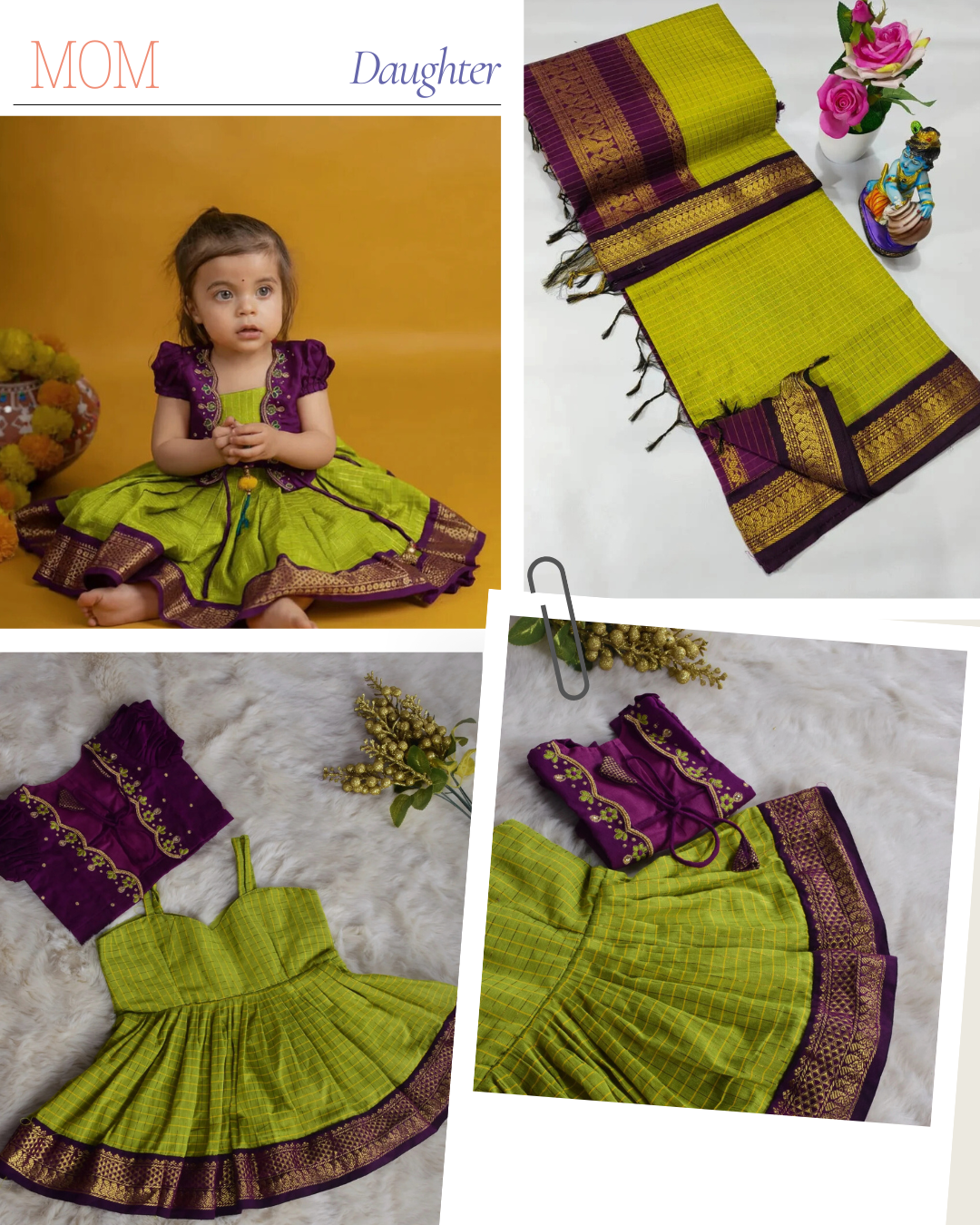Green and wine - gown jacket & saree mom and daughter combo set
