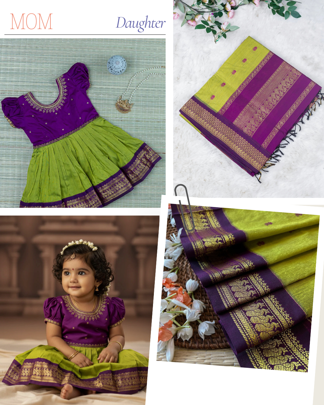 Green and wine - mom and daughter combo set ( frock and saree )