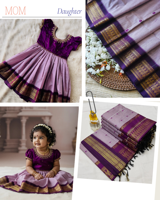 Wine and lavendar - Gown and cotton silk saree mom and daughter combo set