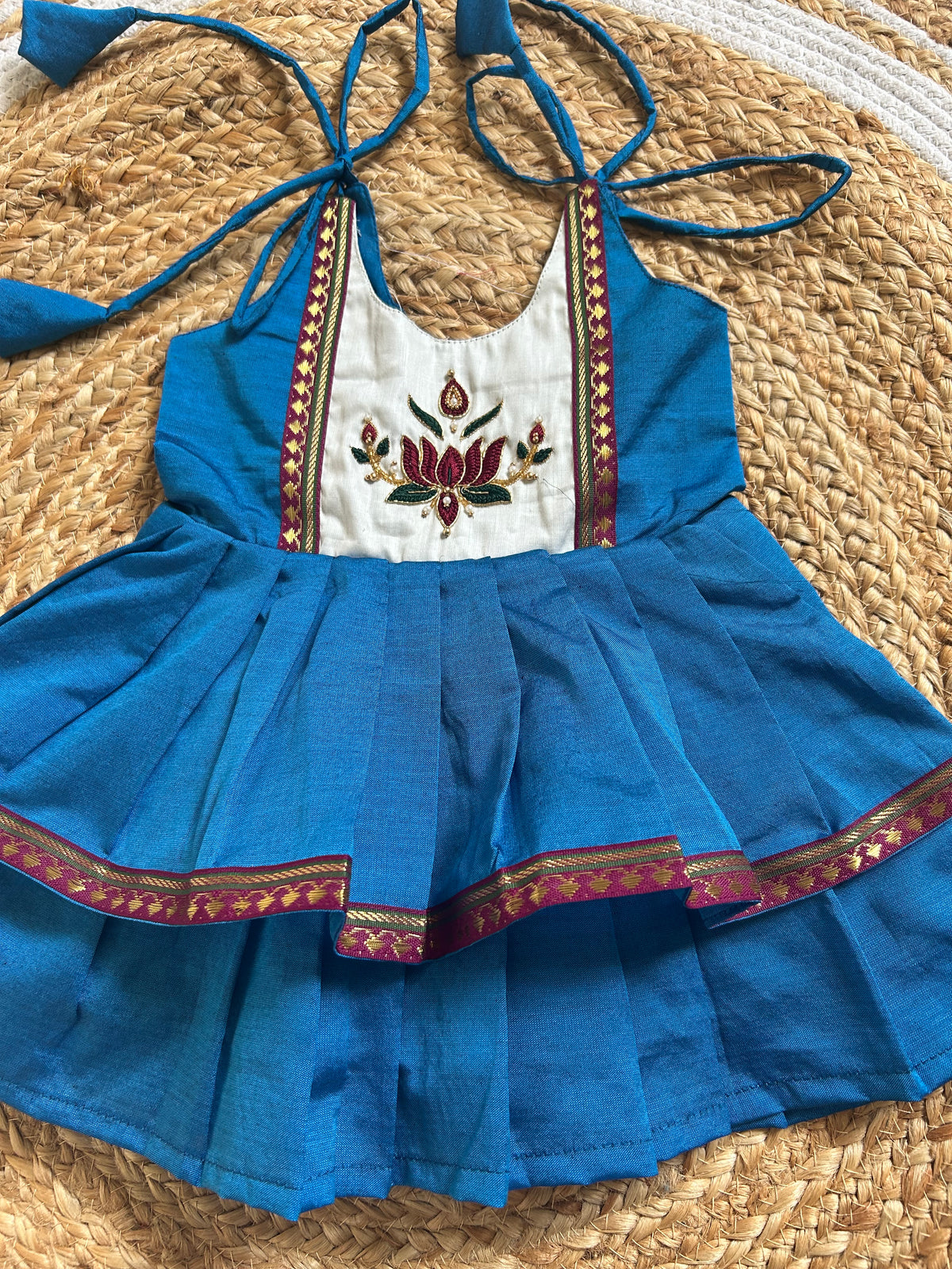 Peacock Blue Lotus Embroidered Multi-Layered Ethnic Wear for Baby Girl – Traditional frock for Baby Girl