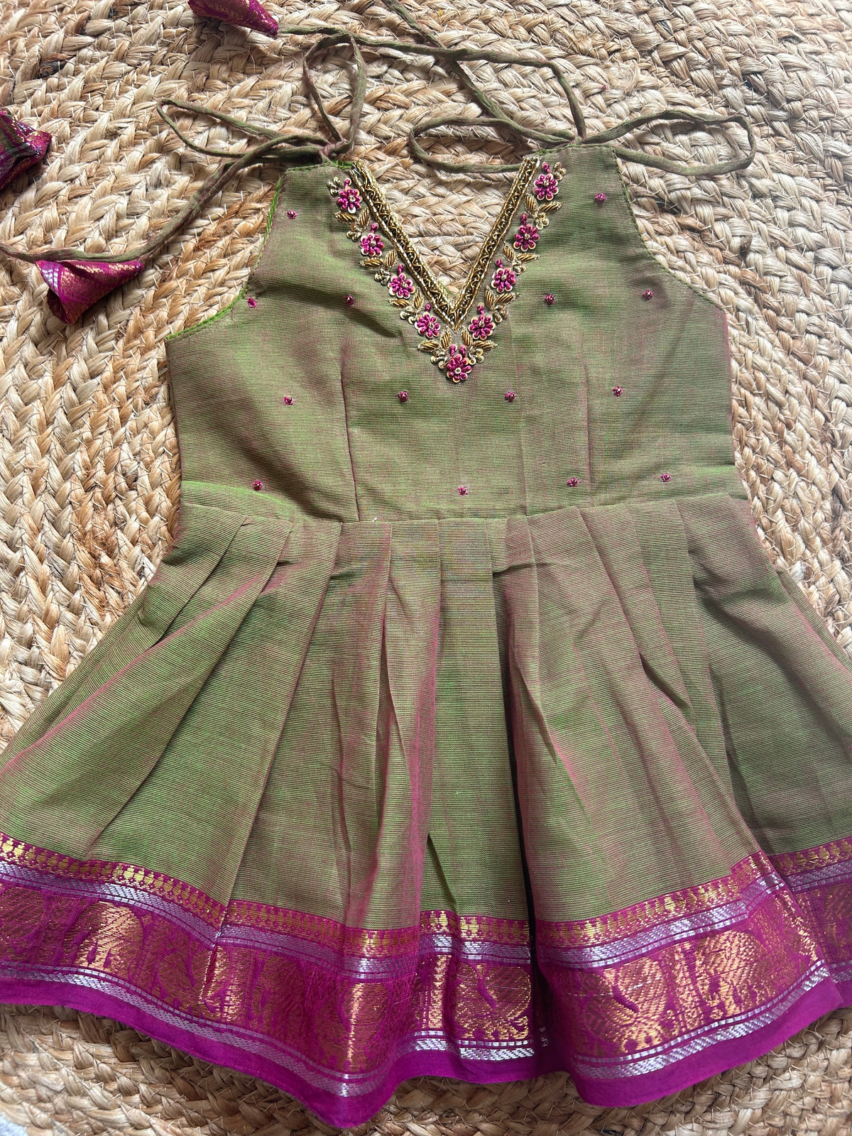 Saraswati - Kanchi border green handloom cotton sleeveless heritage frock for baby girl