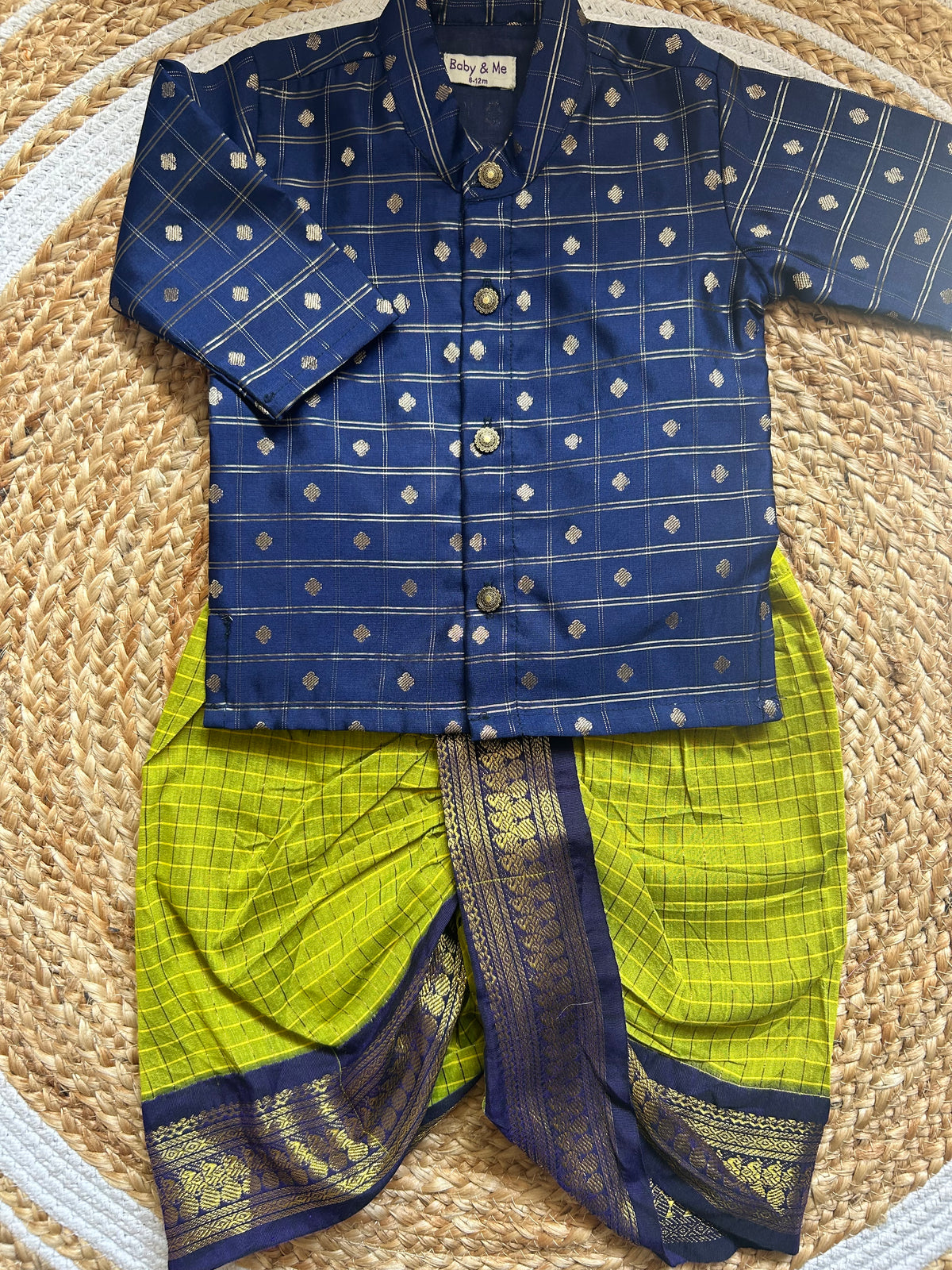 Navy blue reshme chowka Kurta with green  dhoti  traditional ethnic wear for baby boy