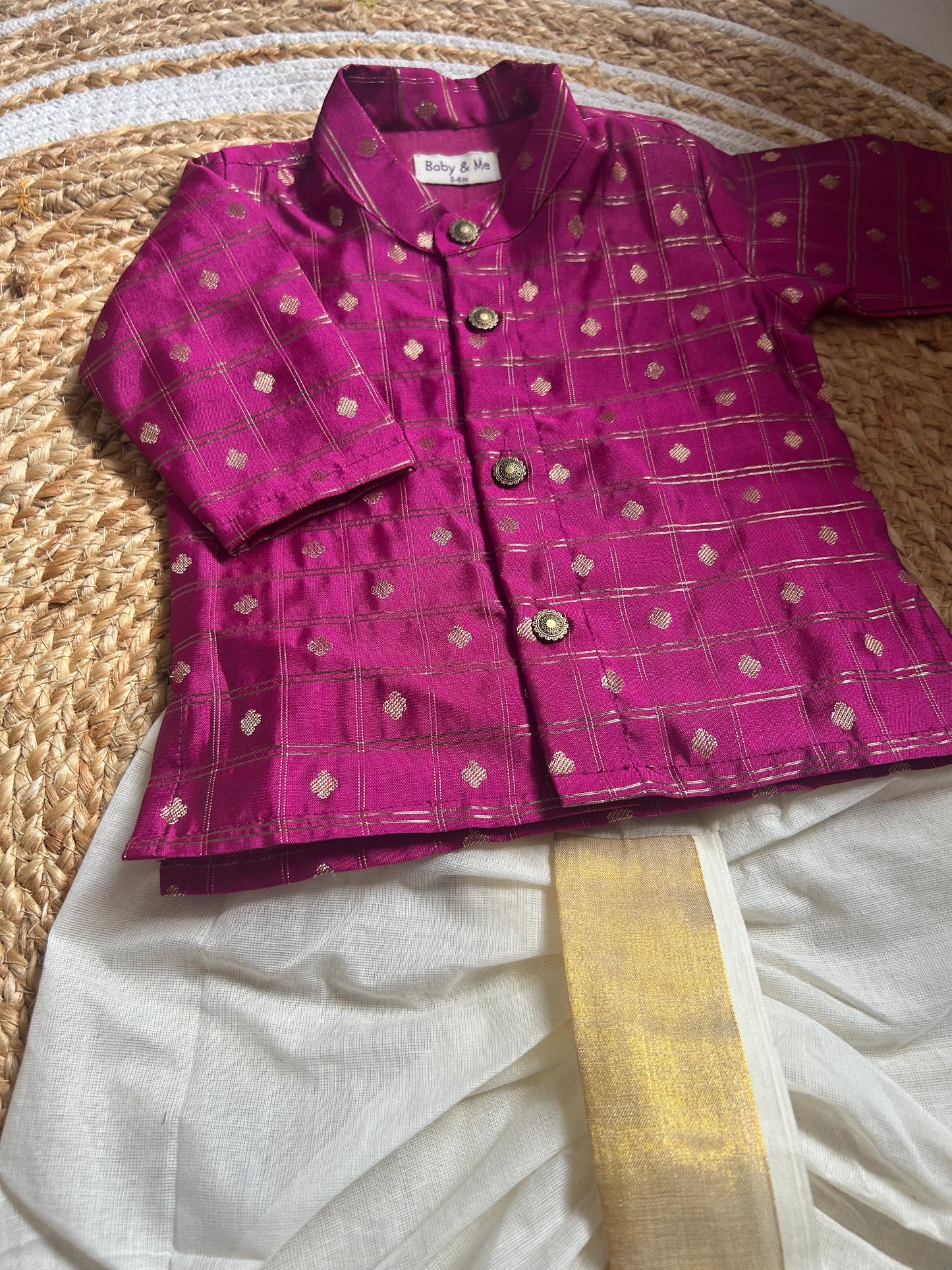 Dark pink with cream reshme chowka Kurta Dhoti for baby boy - Festive Collection