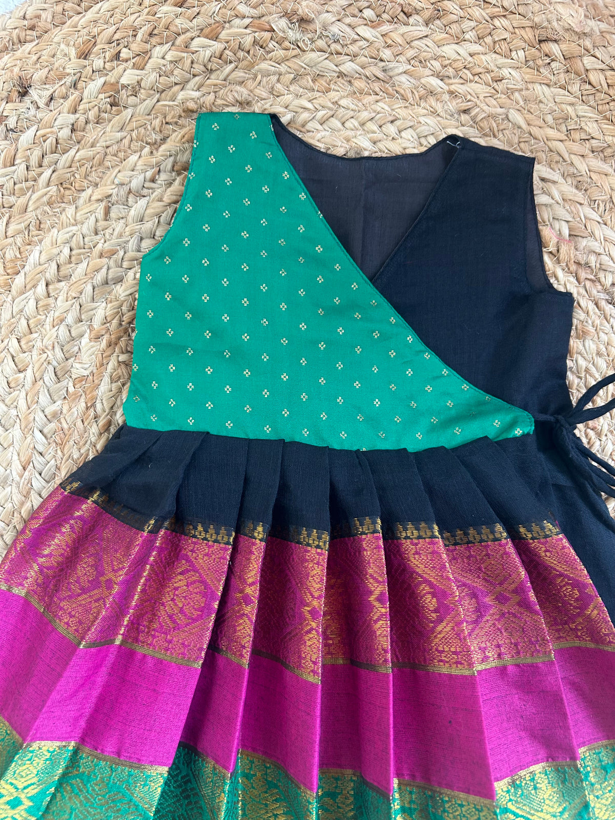 Mul cotton Black & Green Angrakha-Style  Ethnic Wear for Baby Girl – Traditional frock for Baby Girl