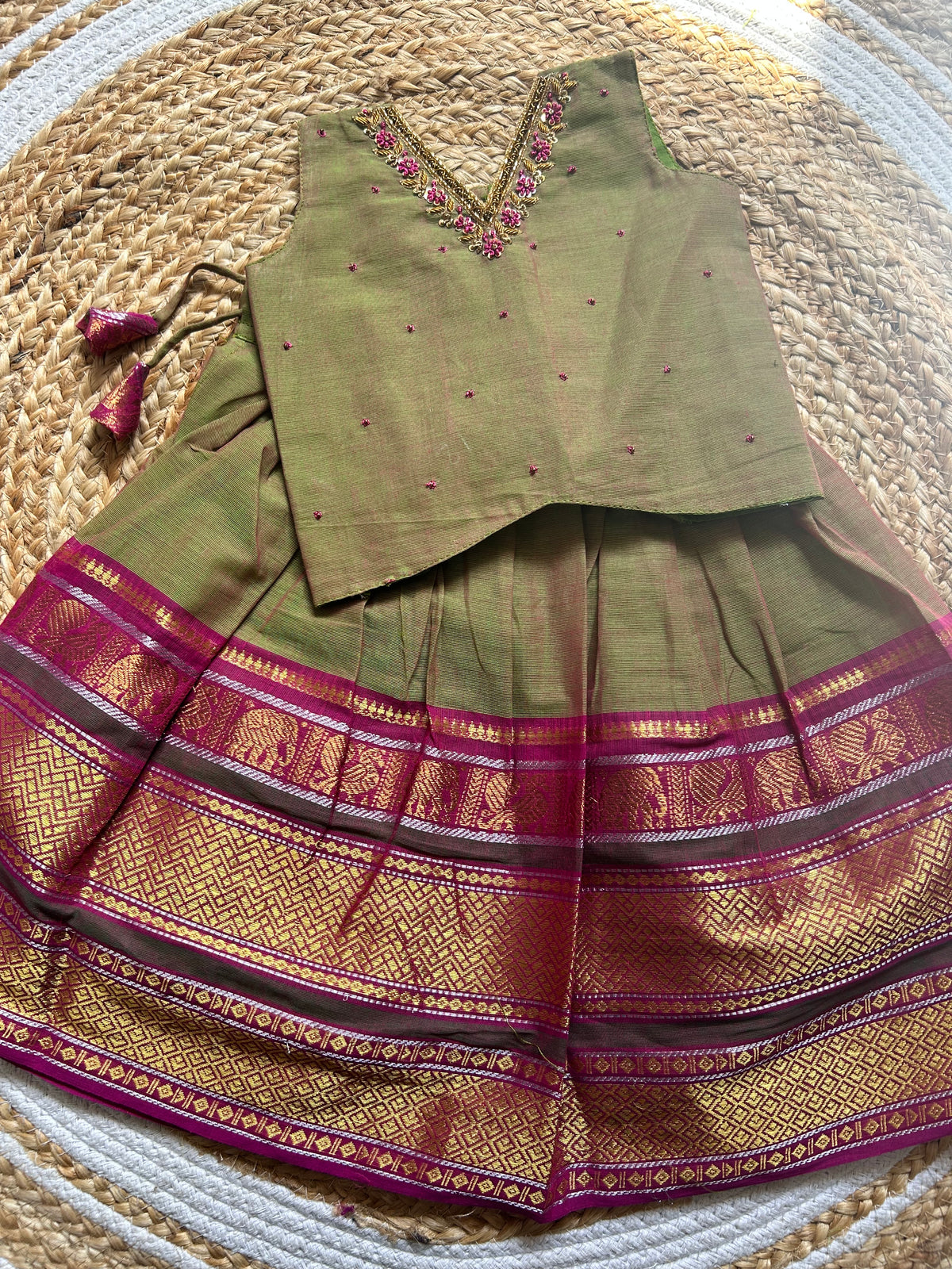 Bhavani - Kanchi border green handloom cotton sleeveless heritage langa blouse for baby girl