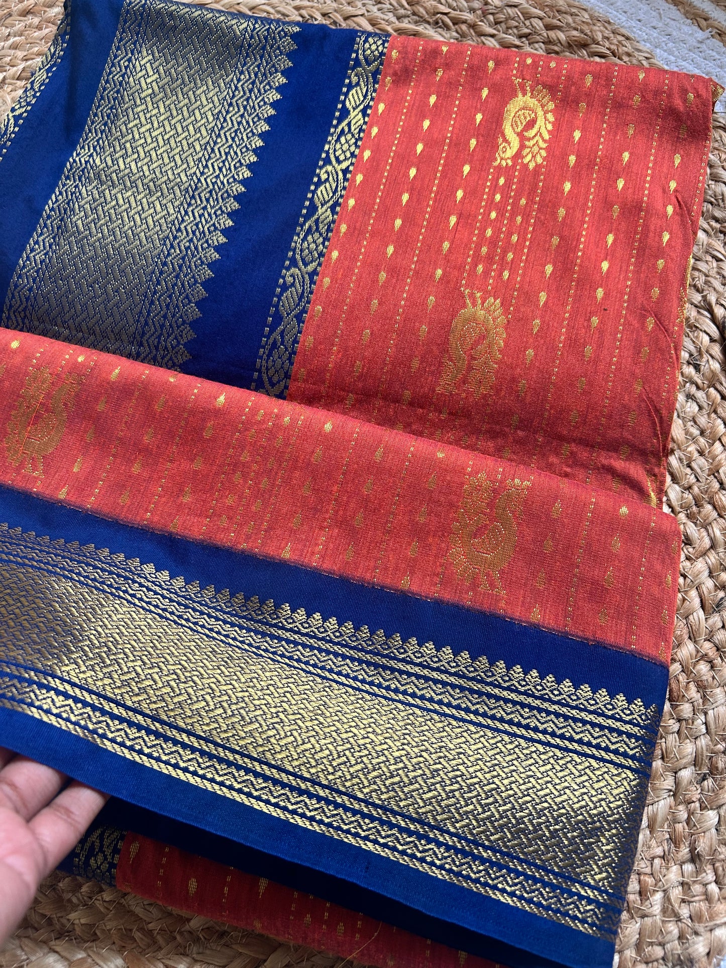 Burnt Orange & Navy blue Handloom Silk Cotton Saree with Gold Zari Border