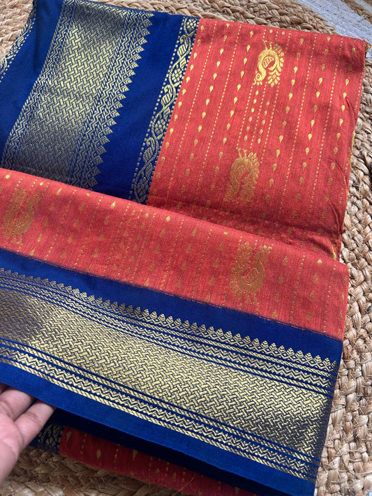 Burnt Orange & Navy blue Handloom Silk Cotton Saree with Gold Zari Border