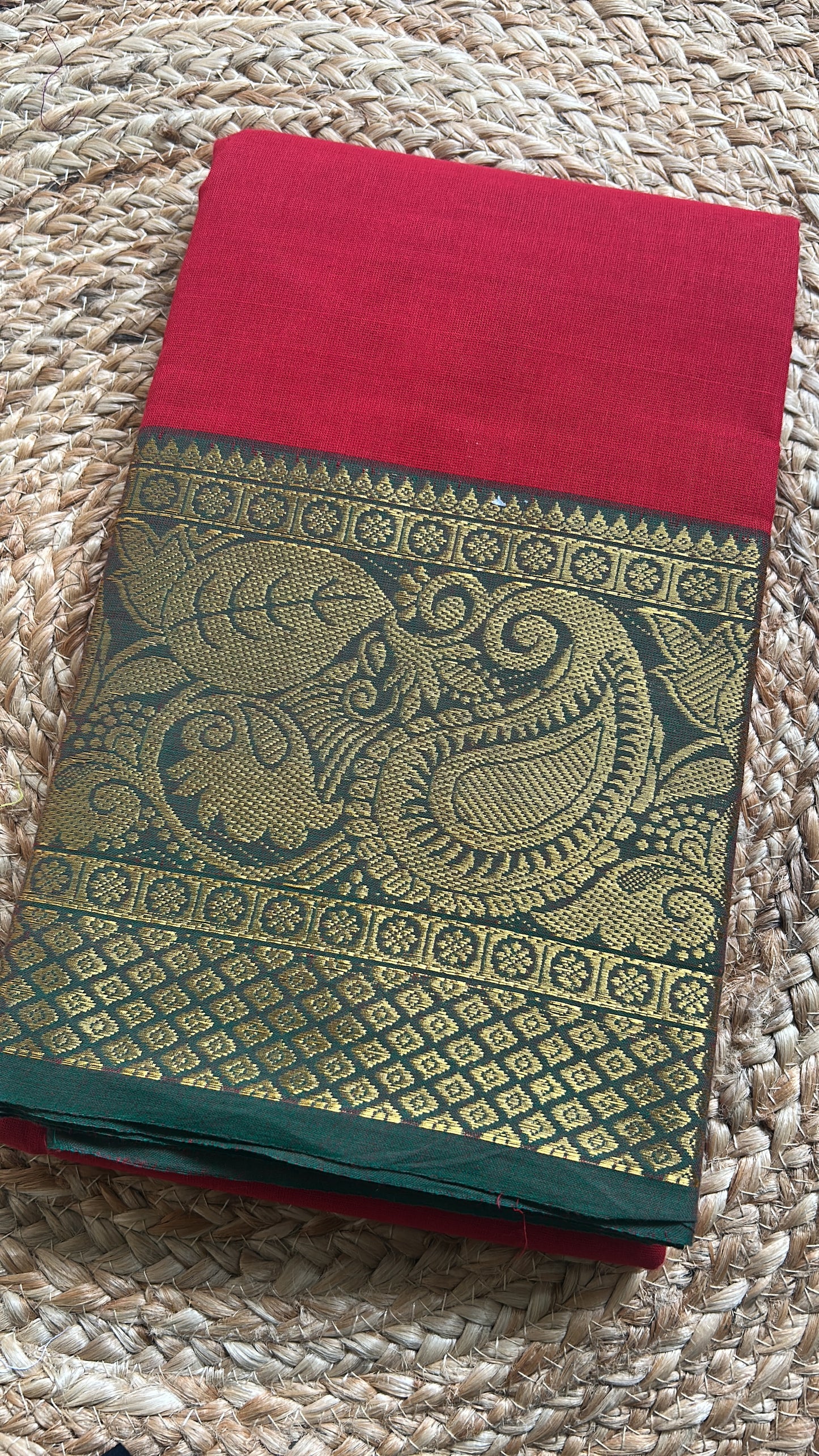 Crimson Red & Forest Green Handloom Silk Cotton Saree with Bold Gold Zari Peacock Border