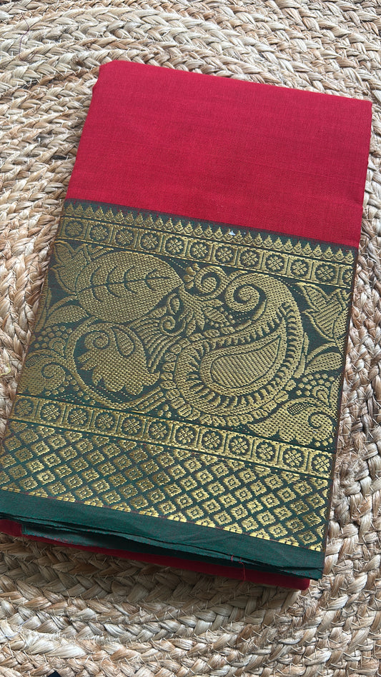 Crimson Red & Forest Green Handloom Silk Cotton Saree with Bold Gold Zari Peacock Border