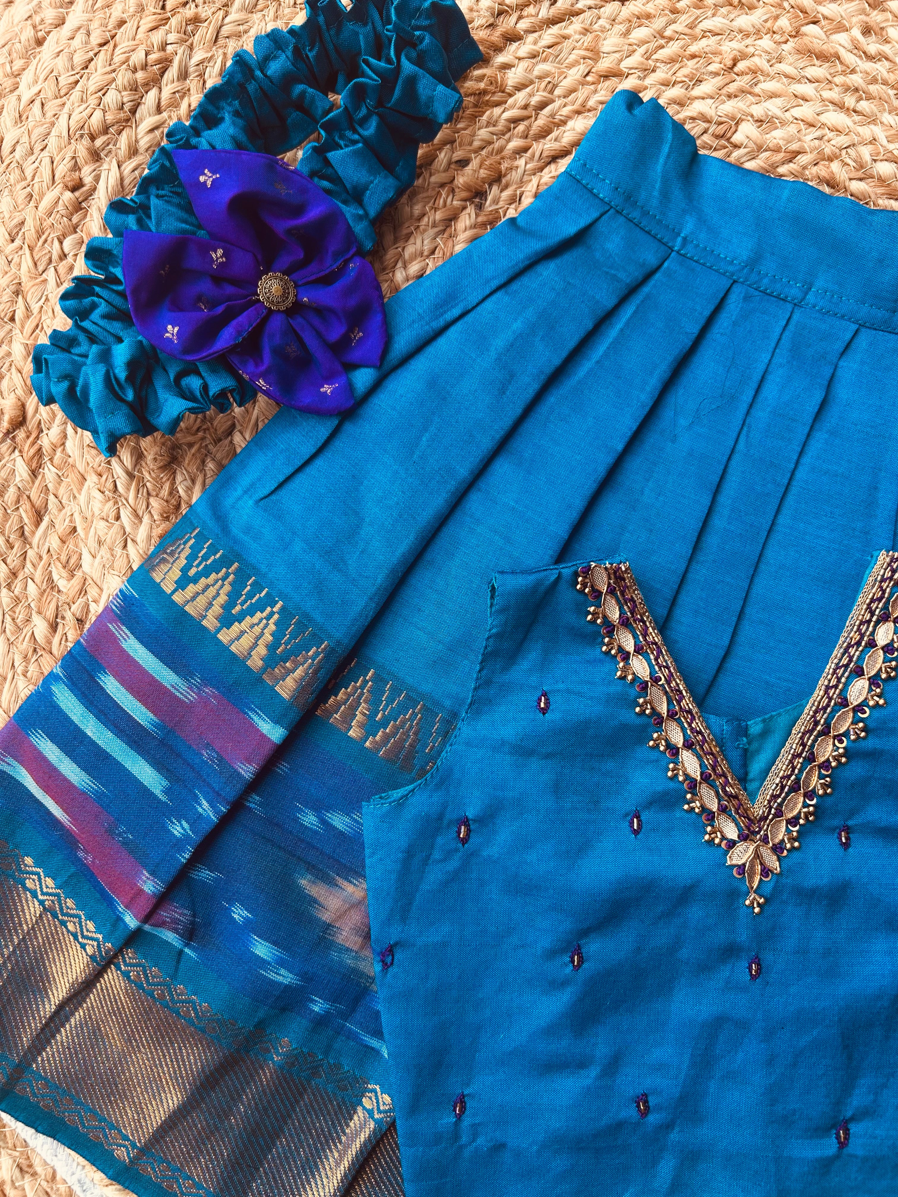 Traditional langa blouse peacock blue pure kanchi cotton weave sleeveless for baby girl
