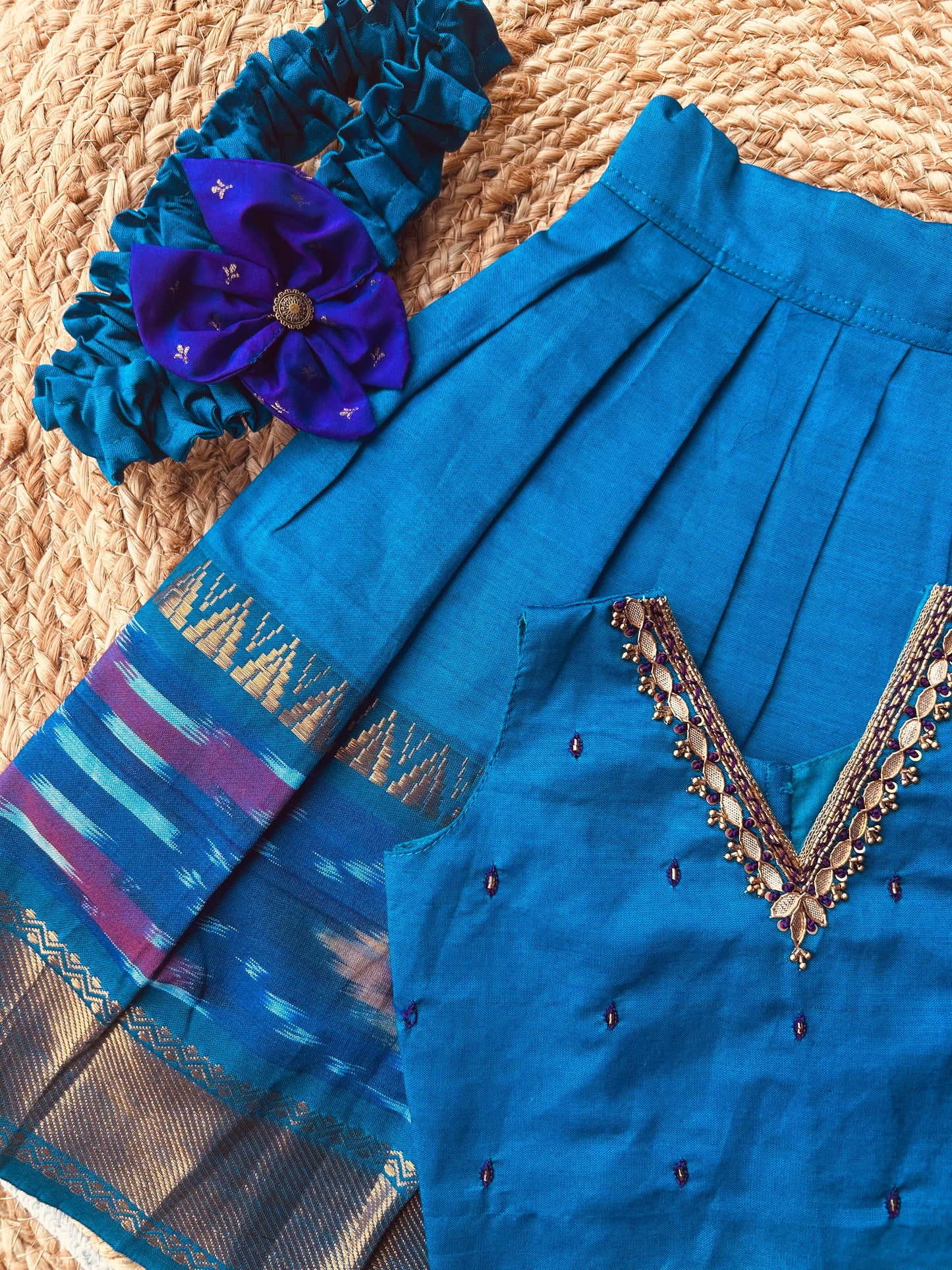 Traditional langa blouse peacock blue pure kanchi cotton weave sleeveless for baby girl