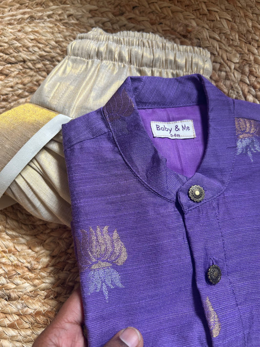 Purple lotus weave cotton silk kurta with gold Dhoti for Boys – Traditional South Indian Ethnic Wear for Baby Boy