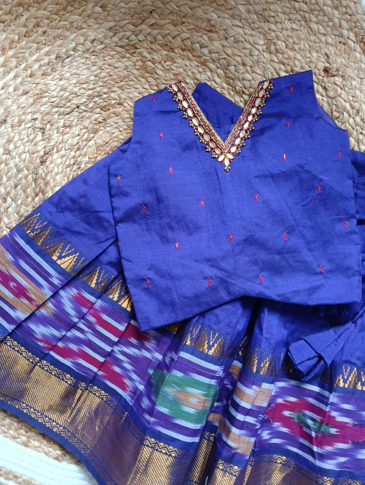 Pochampally border purple kanchi silk cotton sleeveless heritage langa blouse for baby girl