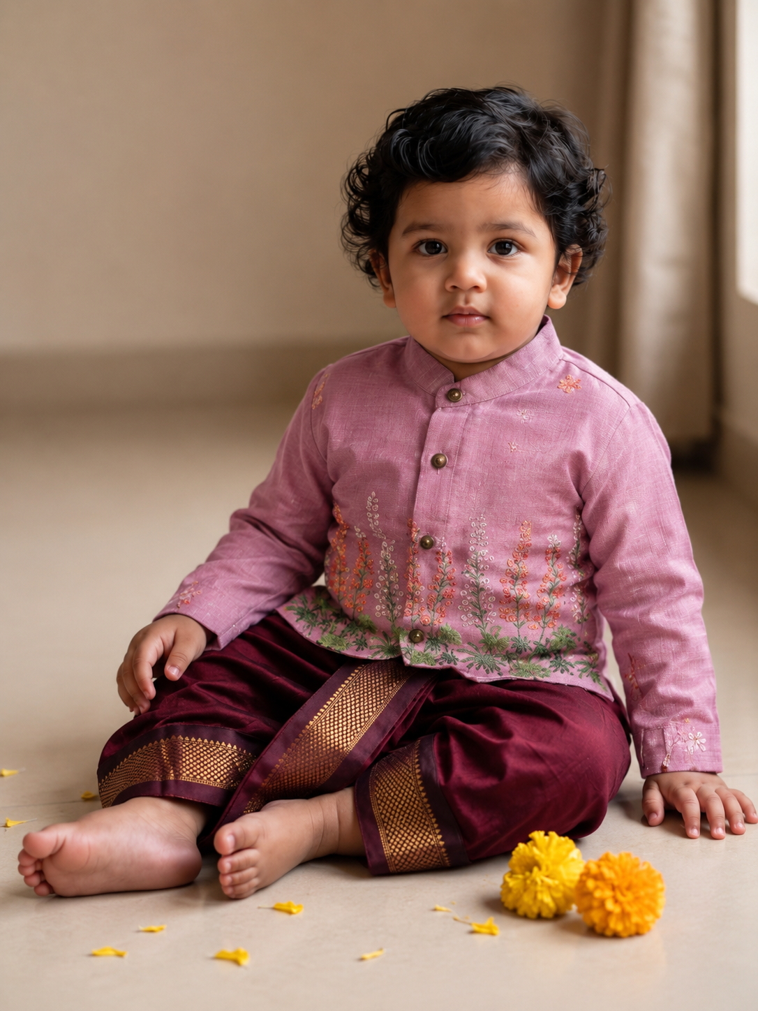Pure Linen Dusty pink Kurta with Maroon Dhoti for baby boy