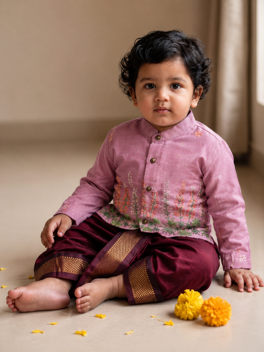 Pure Linen Dusty pink Kurta with Maroon Dhoti for baby boy