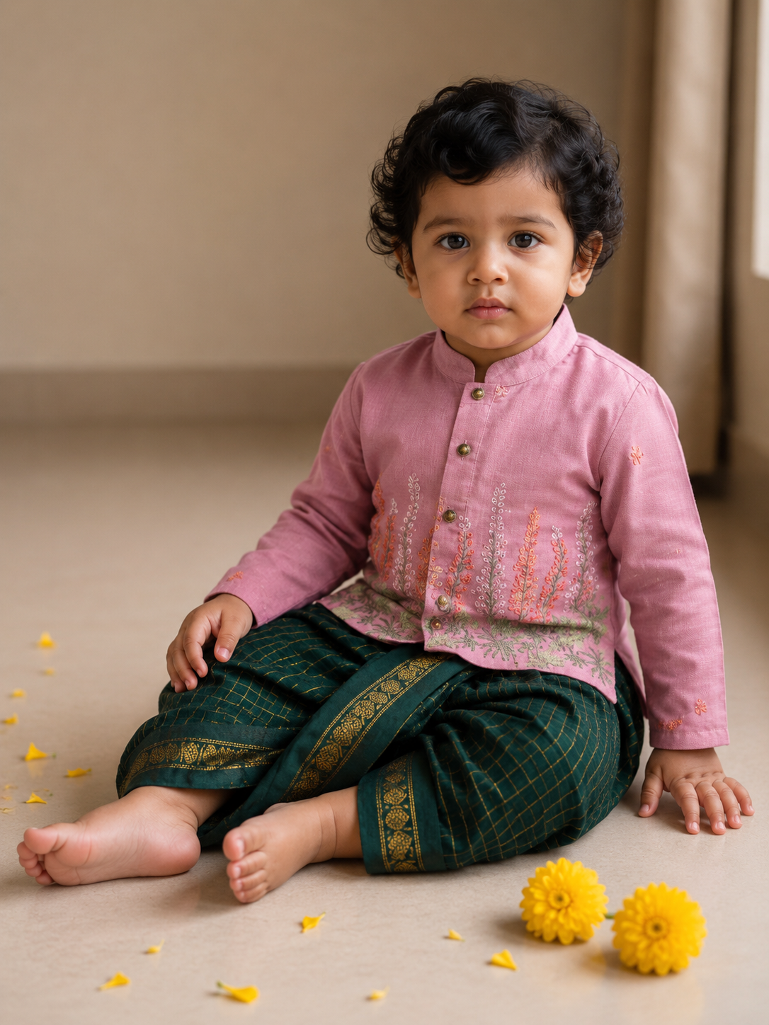 Pure Linen Dusty pink Kurta with Bottle green checked Dhoti for baby boy