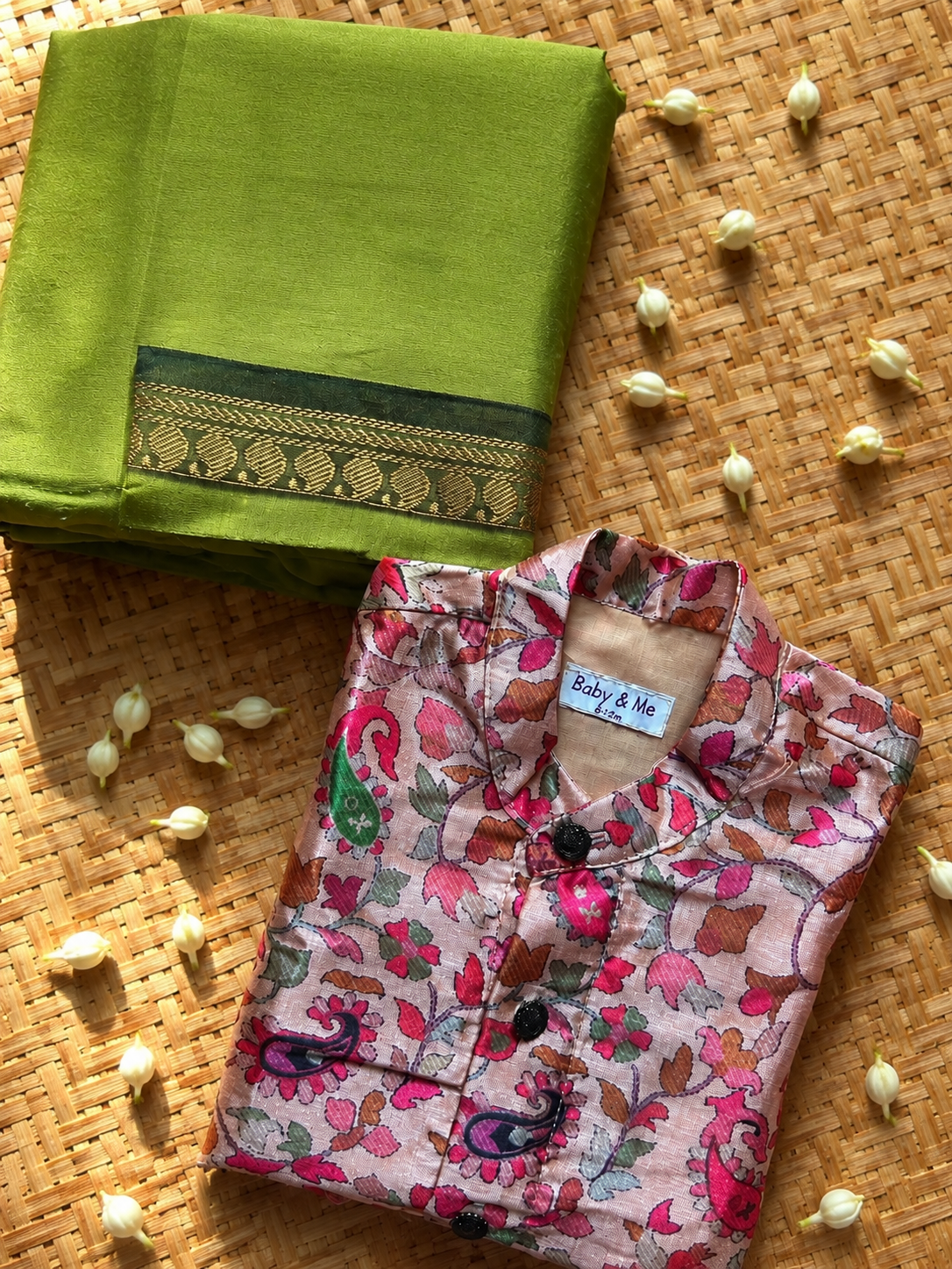 Traditional Indian Multi floral Autumn kurta with parrot green dhoti baby boy ethnic wear