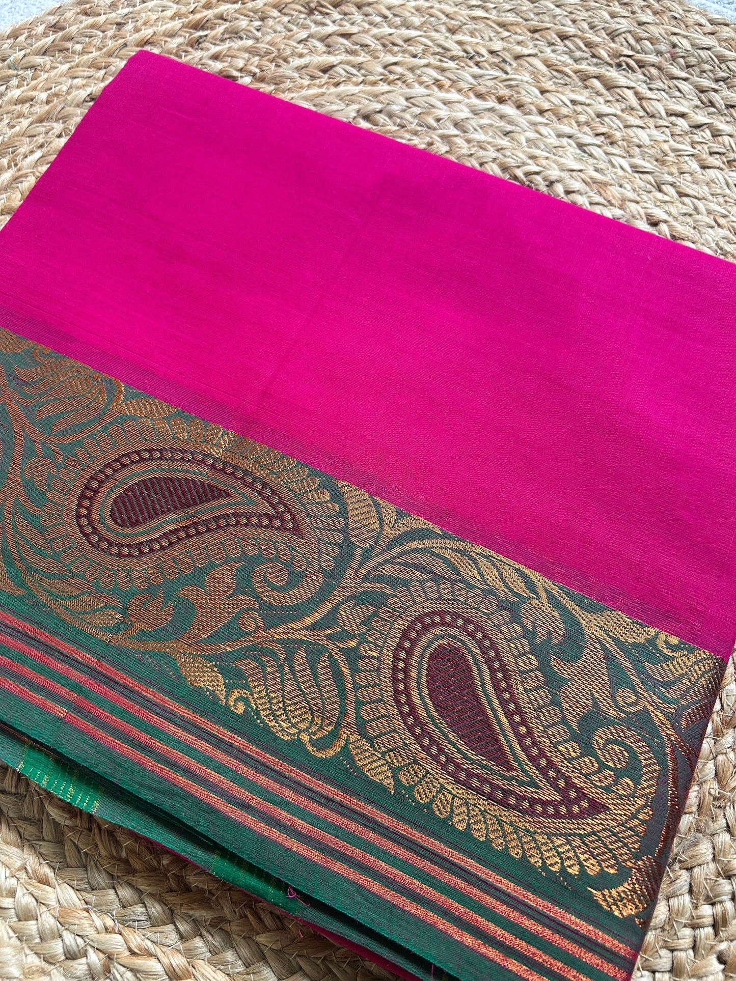Magenta Pink & Forest Green Handloom Silk Cotton Saree with Gold Zari Paisley Border