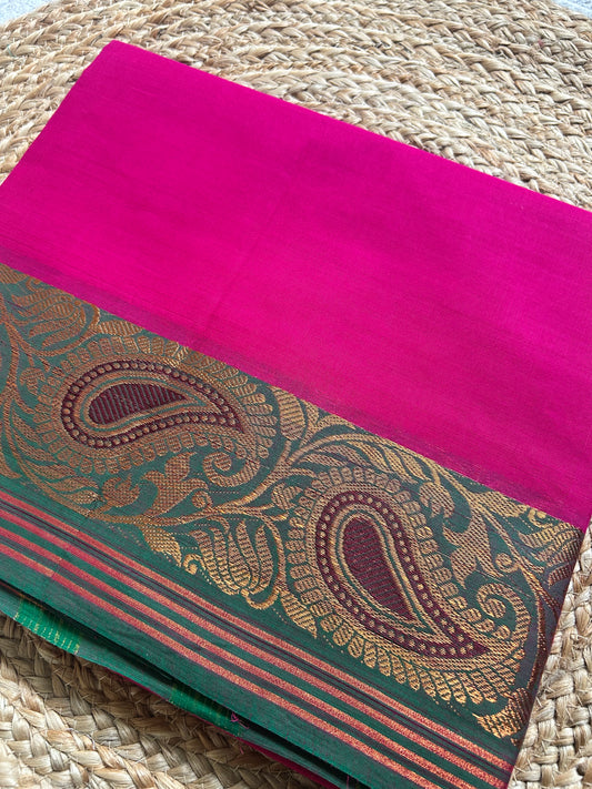 Magenta Pink & Forest Green Handloom Silk Cotton Saree with Gold Zari Paisley Border