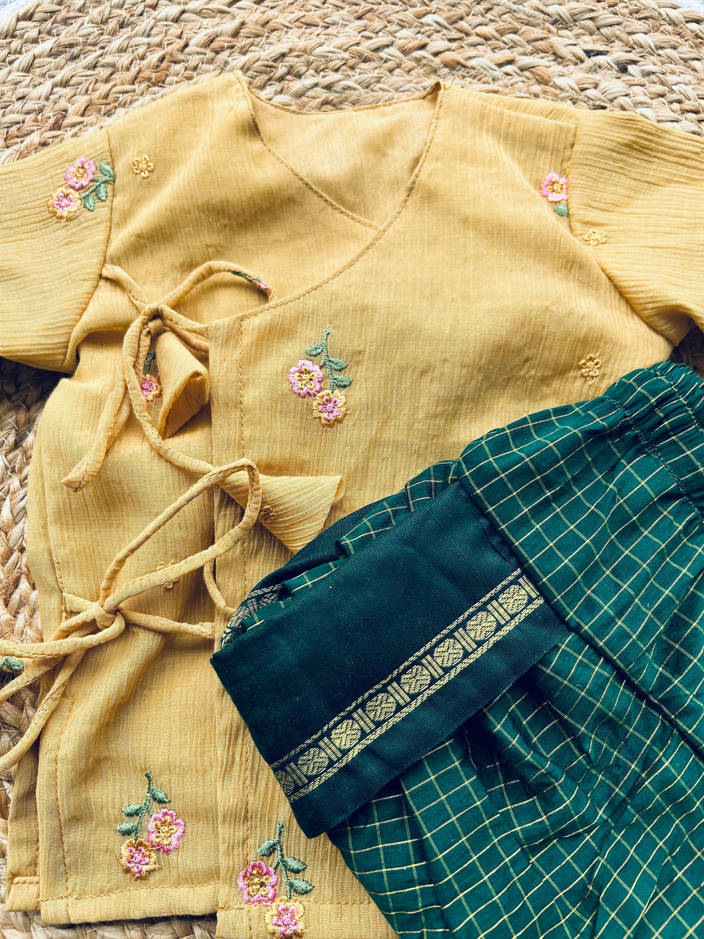 Warm yellow Angrakha with green dhoti comfortable ethnic wear for baby boy