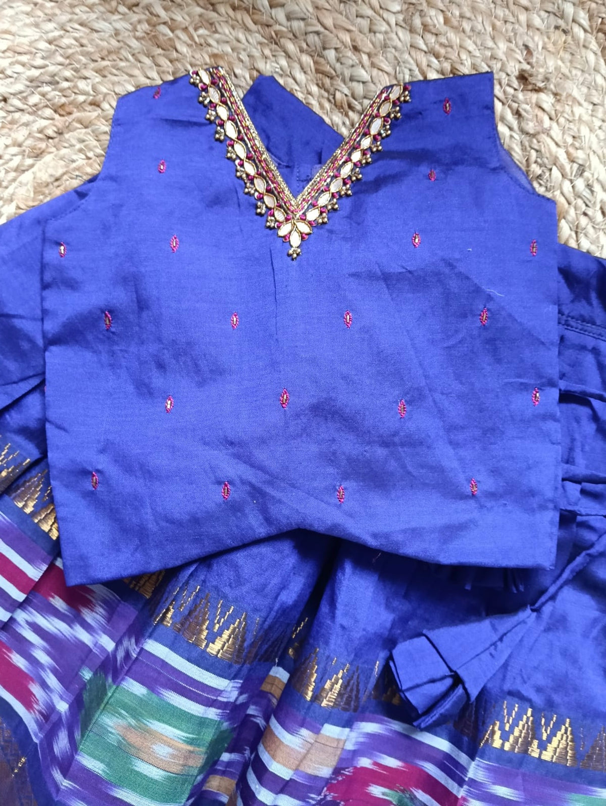 Pochampally border purple kanchi silk cotton sleeveless heritage langa blouse for baby girl