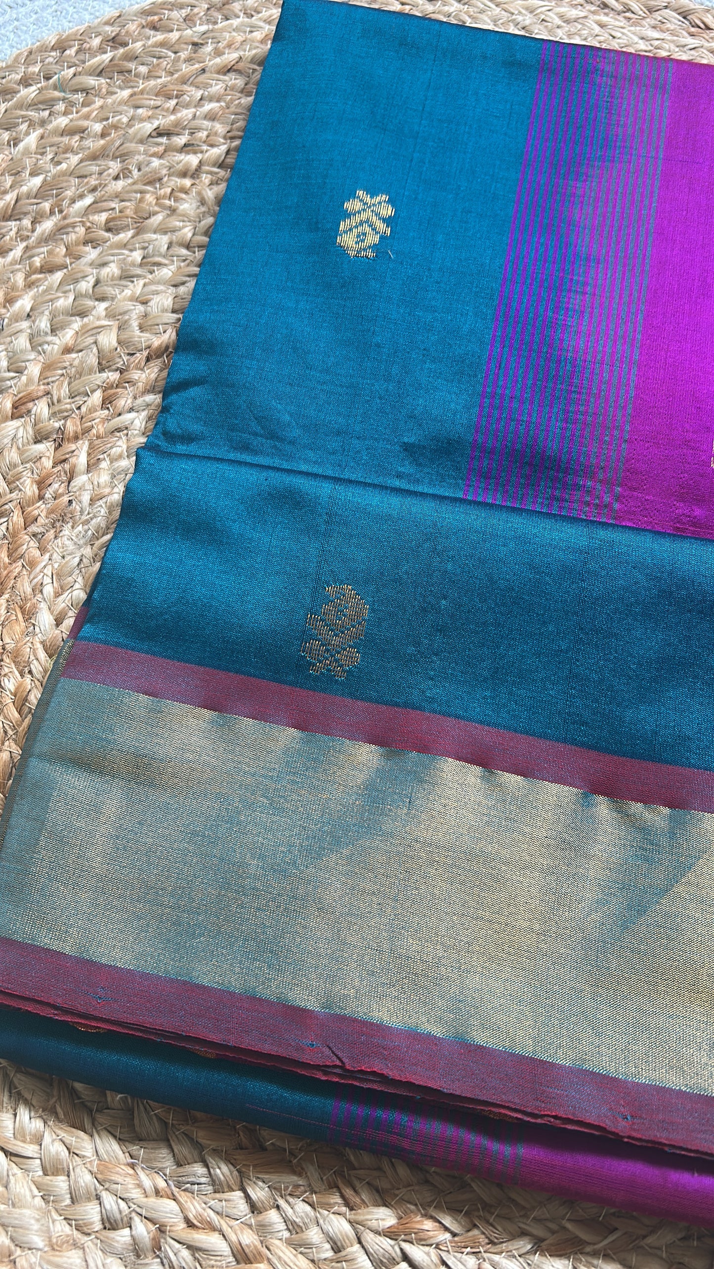 Peacock Teal & Magenta Handloom Silk Cotton Saree with Champagne Gold Border