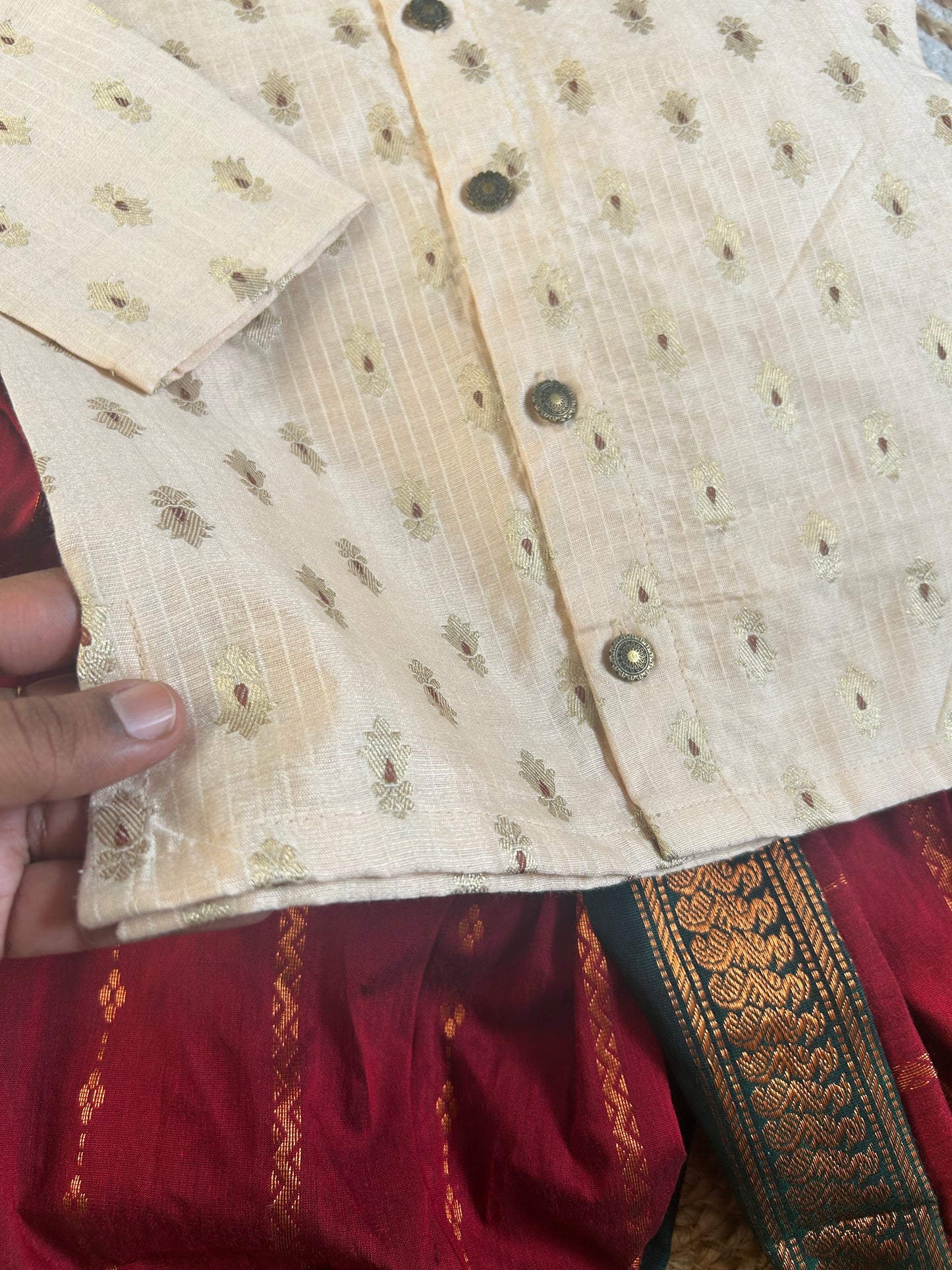 Peach banarasi chanderi and red with bottle green Dhoti for Boys – Traditional Ethnic Wear for Baby Boy