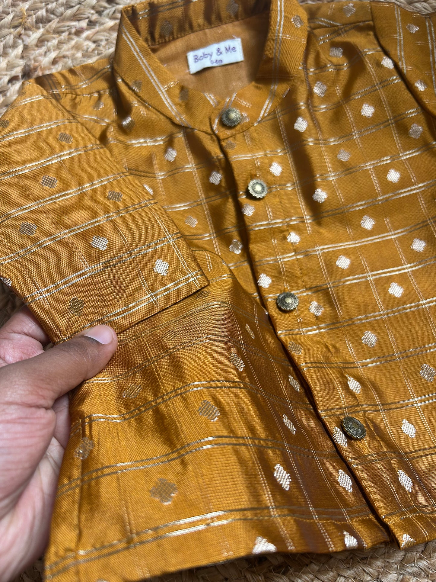 Honey gold with cream reshme chowka Kurta Dhoti for baby boy - Festive Collection
