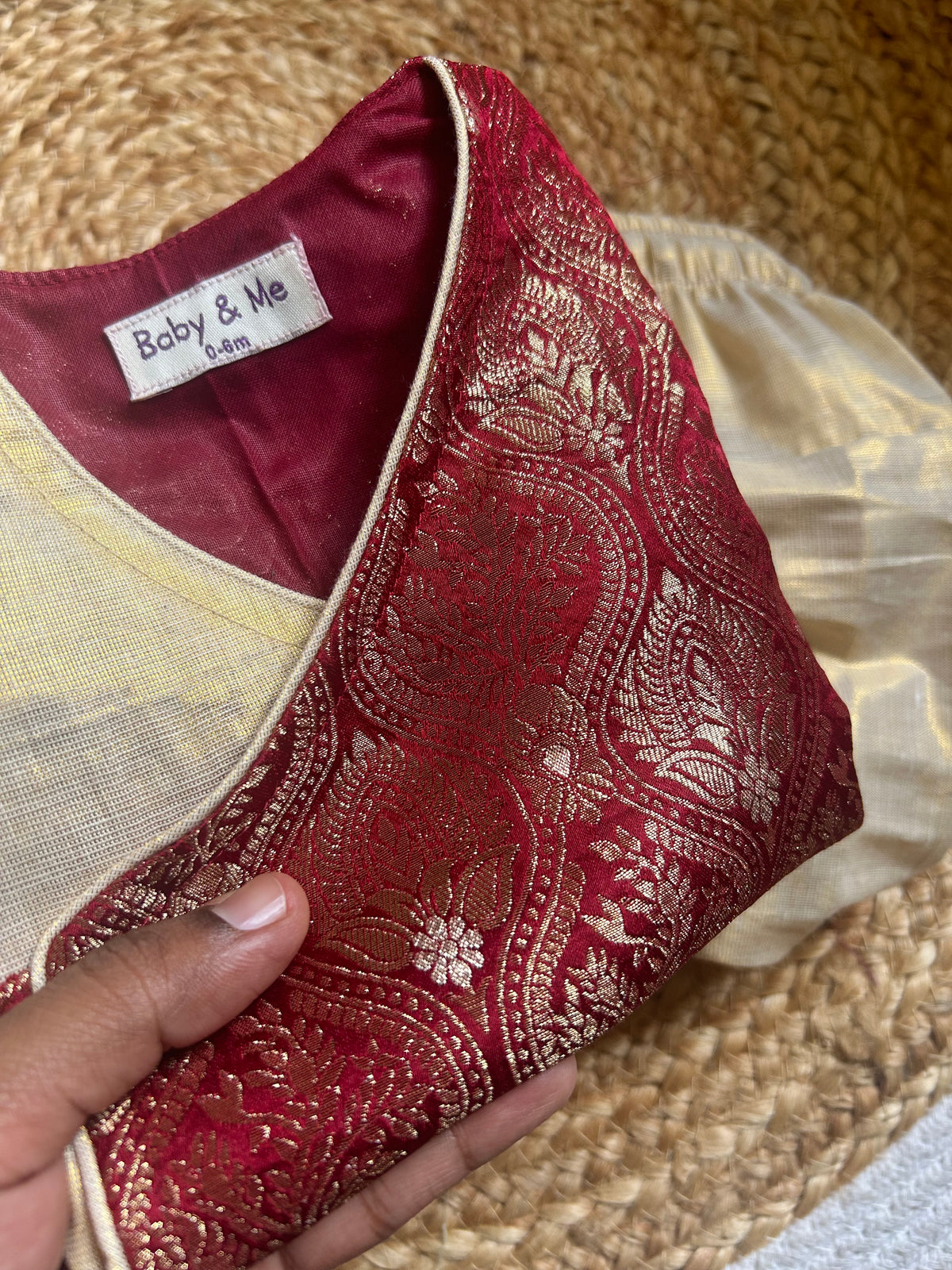 Maroon banarasi angrakha with traditional gold dhoti ethnic wear for baby boy