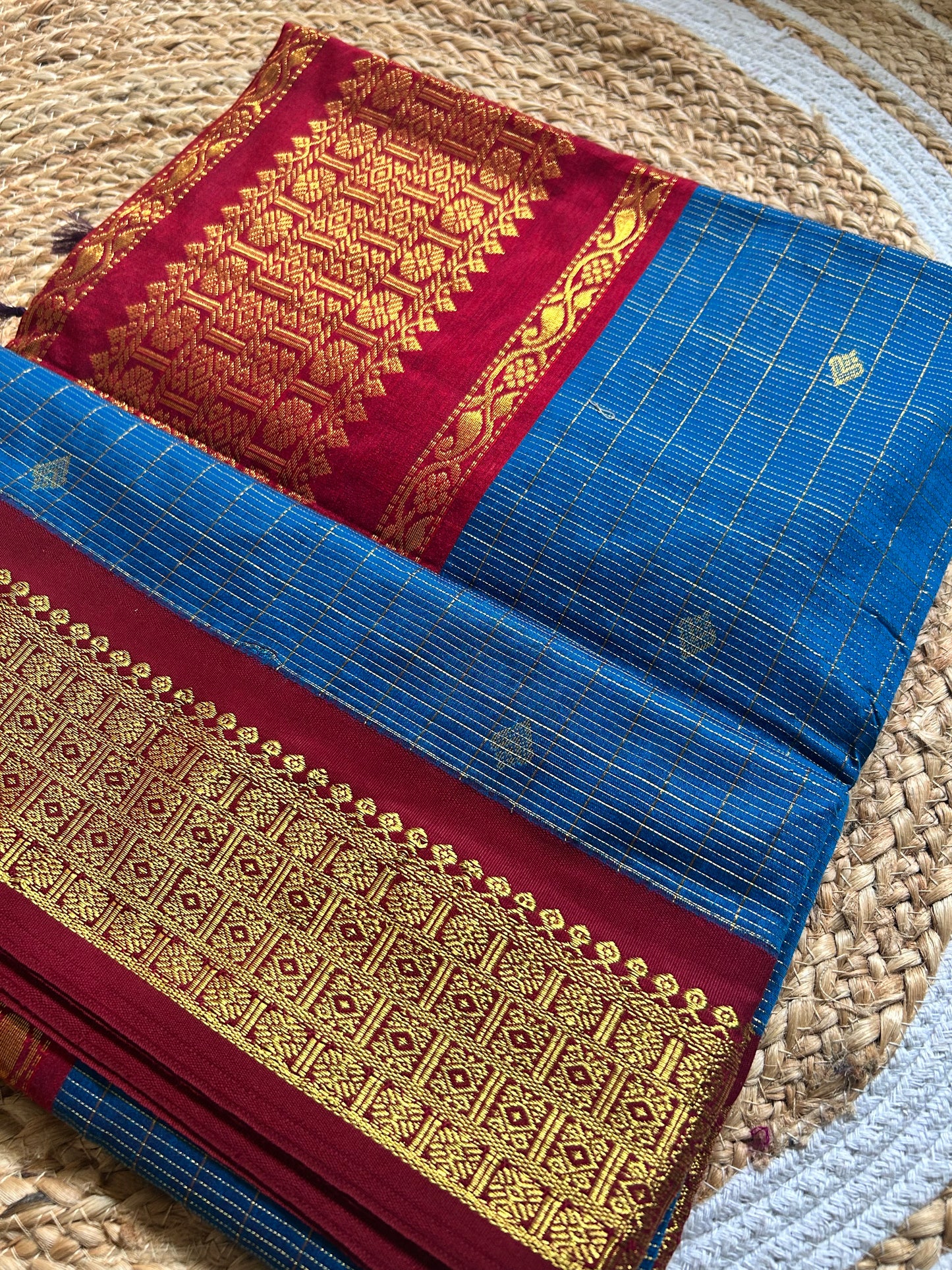 Maroon & Peacock Blue Handloom Silk Cotton Saree with Gold Zari Border