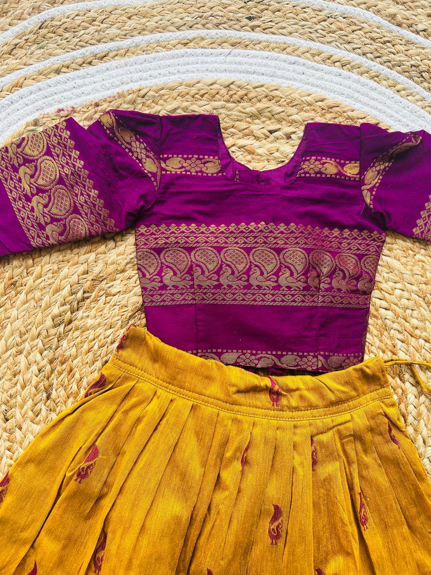Traditional langa blouse / pavadai mustard yellow with wine for baby girl