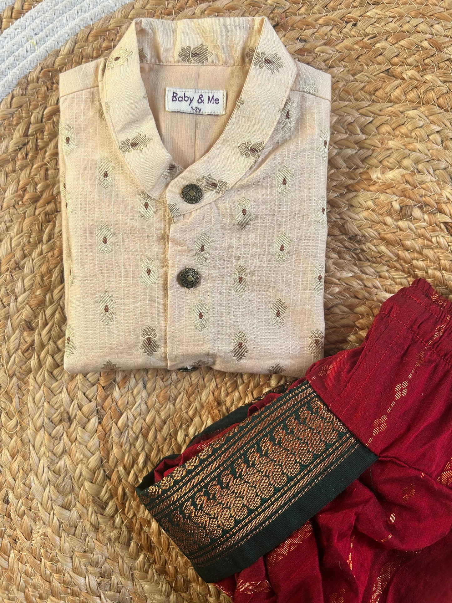 Peach banarasi chanderi and red with bottle green Dhoti for Boys – Traditional Ethnic Wear for Baby Boy
