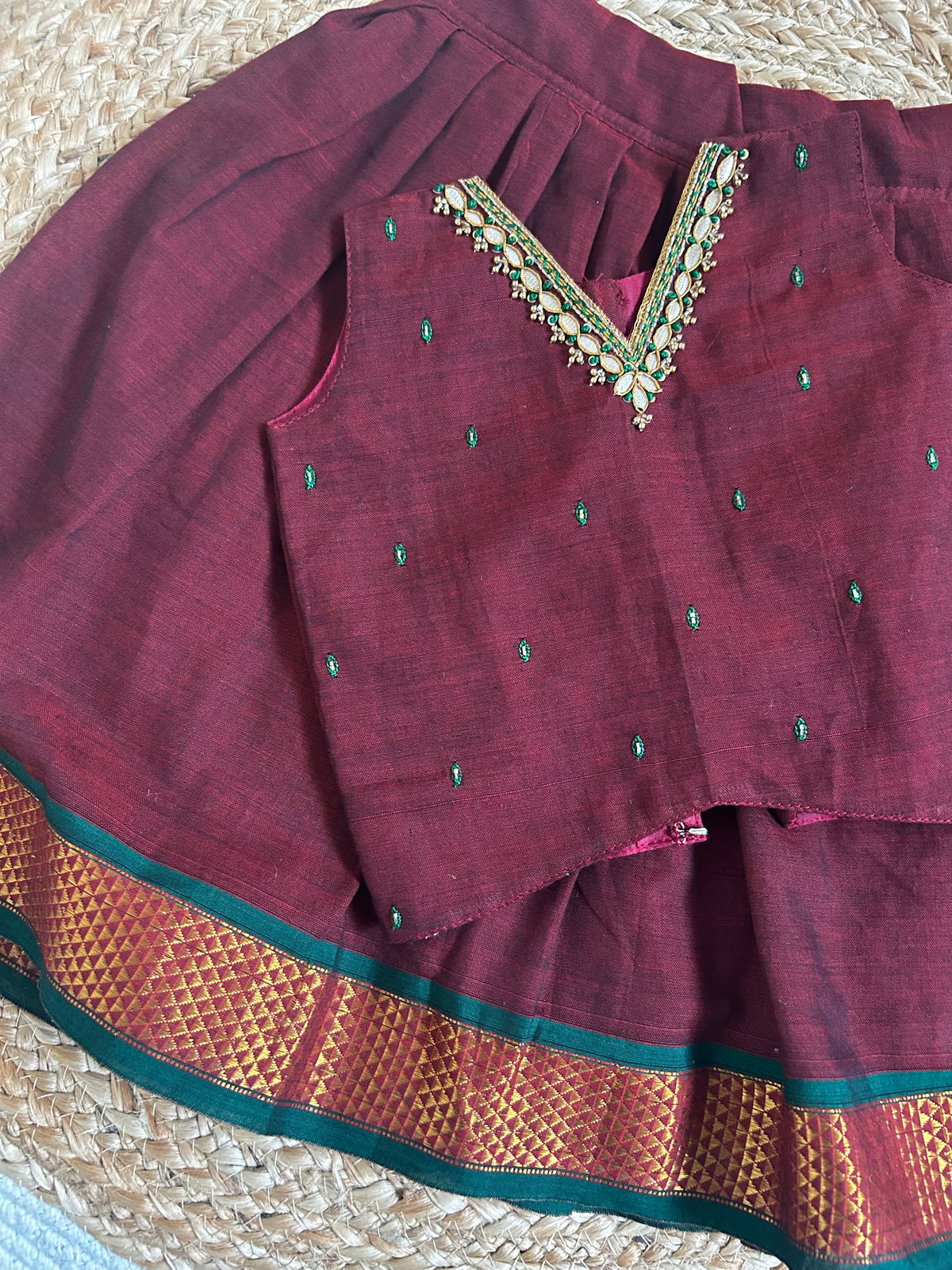 ಗಾಢ ಕೆಂಪು (Maroon) kanchi silk cotton sleeveless heritage langa blouse for baby girl