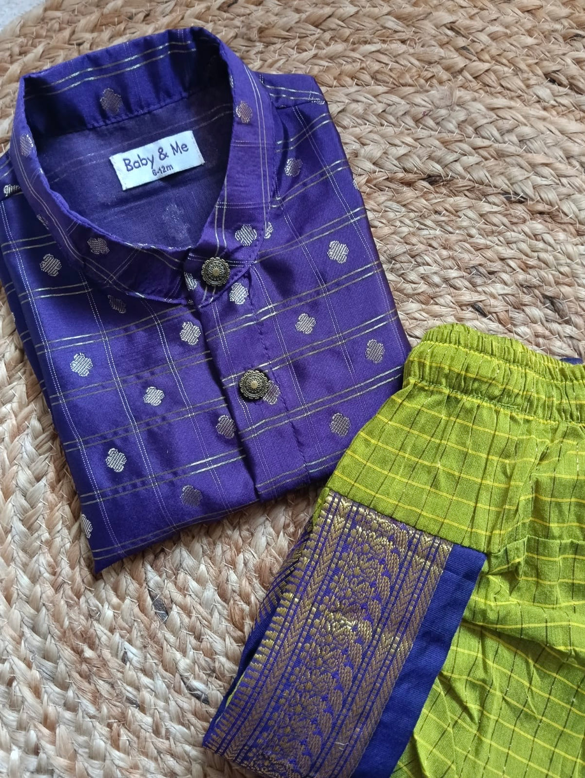 Purple reshme chowka Kurta with green dhoti traditional ethnic wear for baby boy