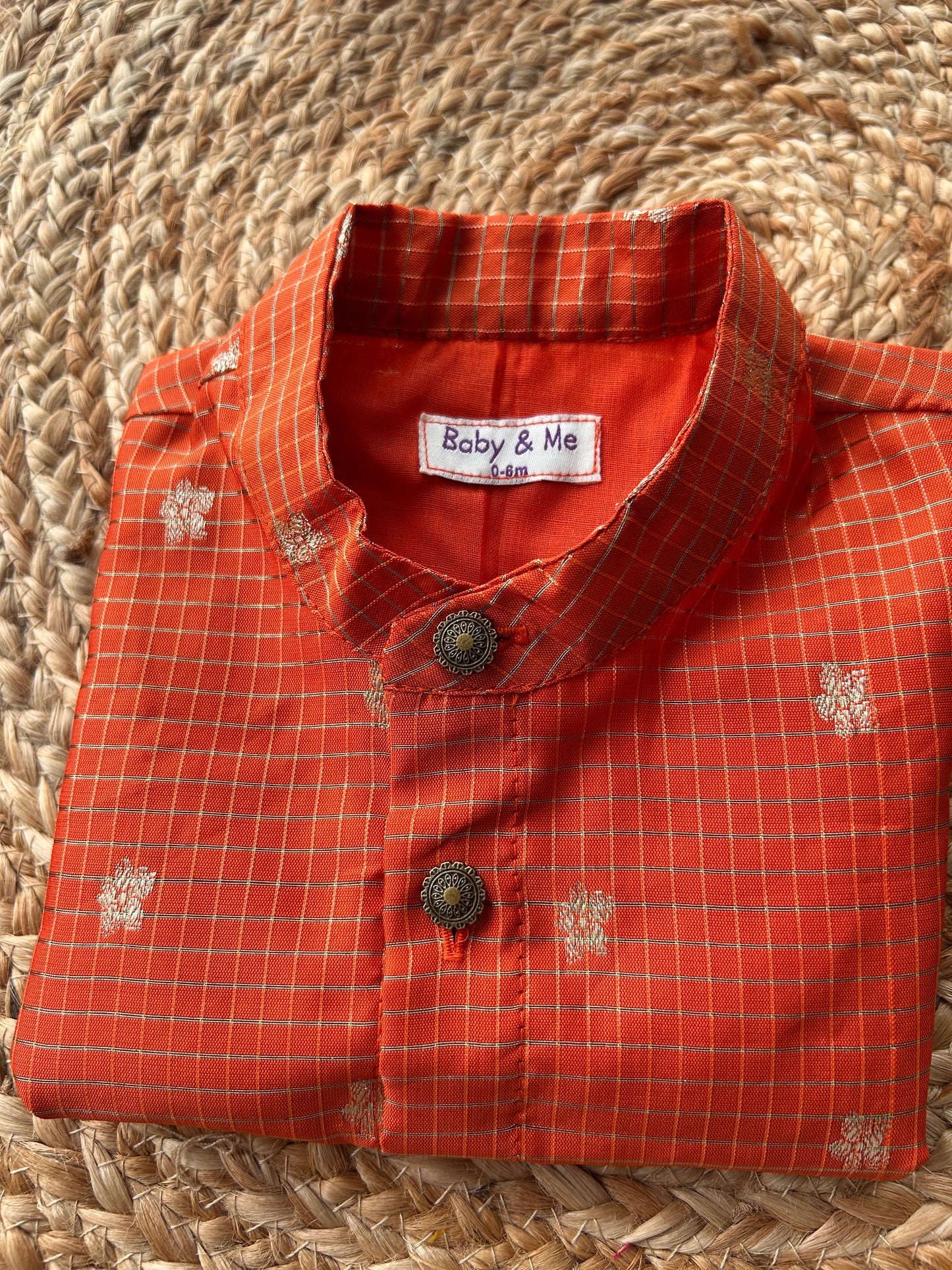 Orange silk checks Kurta for baby boy ethnic top wear