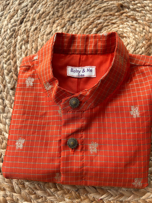 Orange silk checks Kurta for baby boy ethnic top wear