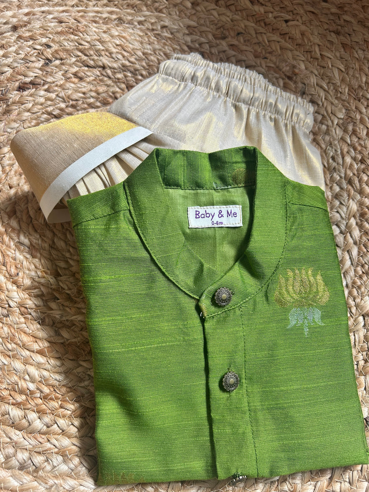 Nature green lotus weave cotton silk kurta with gold Dhoti for Boys – Traditional South Indian Ethnic Wear for Baby Boy