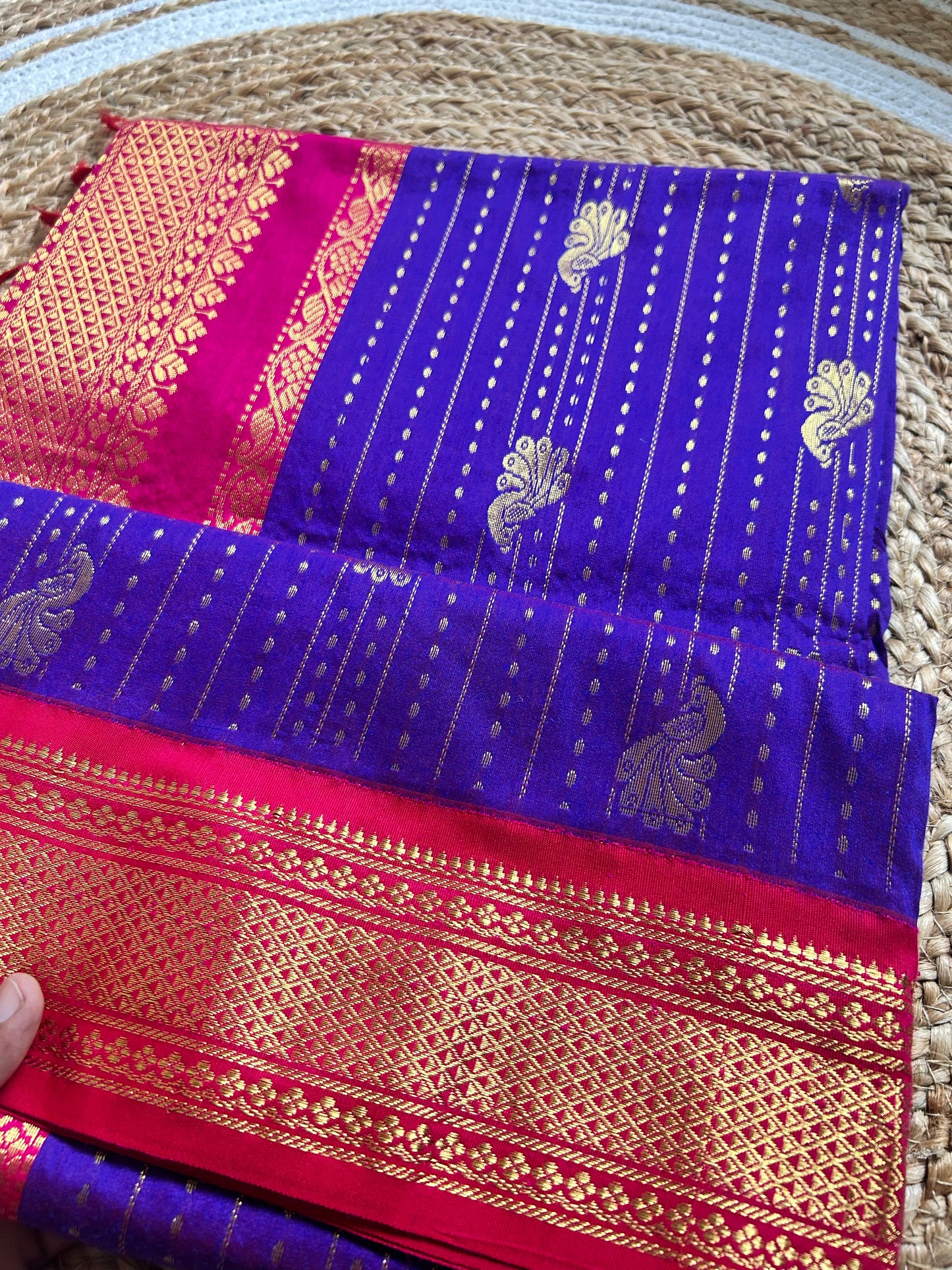 Royal Blue dual shade & Pink Handloom Silk Cotton Saree with Gold Zari Peacock Motif Border