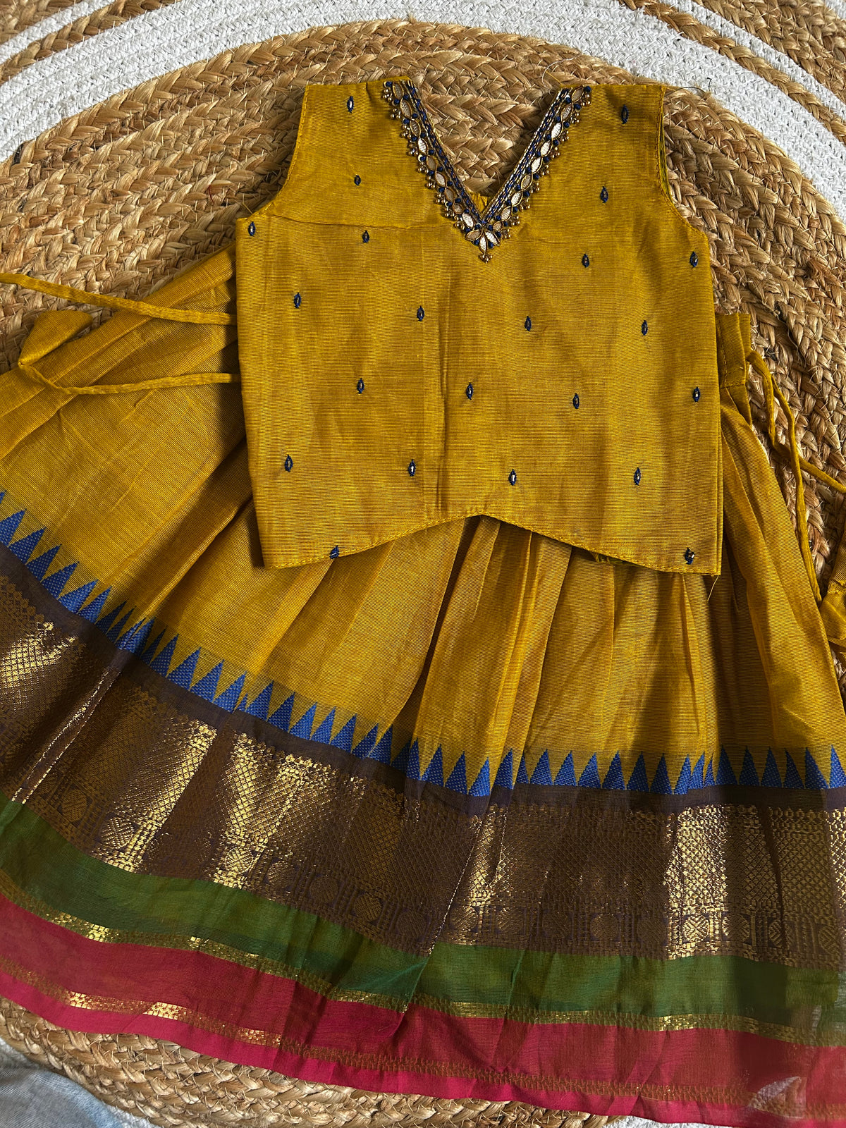 ಹಳದಿ (haladi) kanchi silk cotton sleeveless heritage langa blouse for baby girl