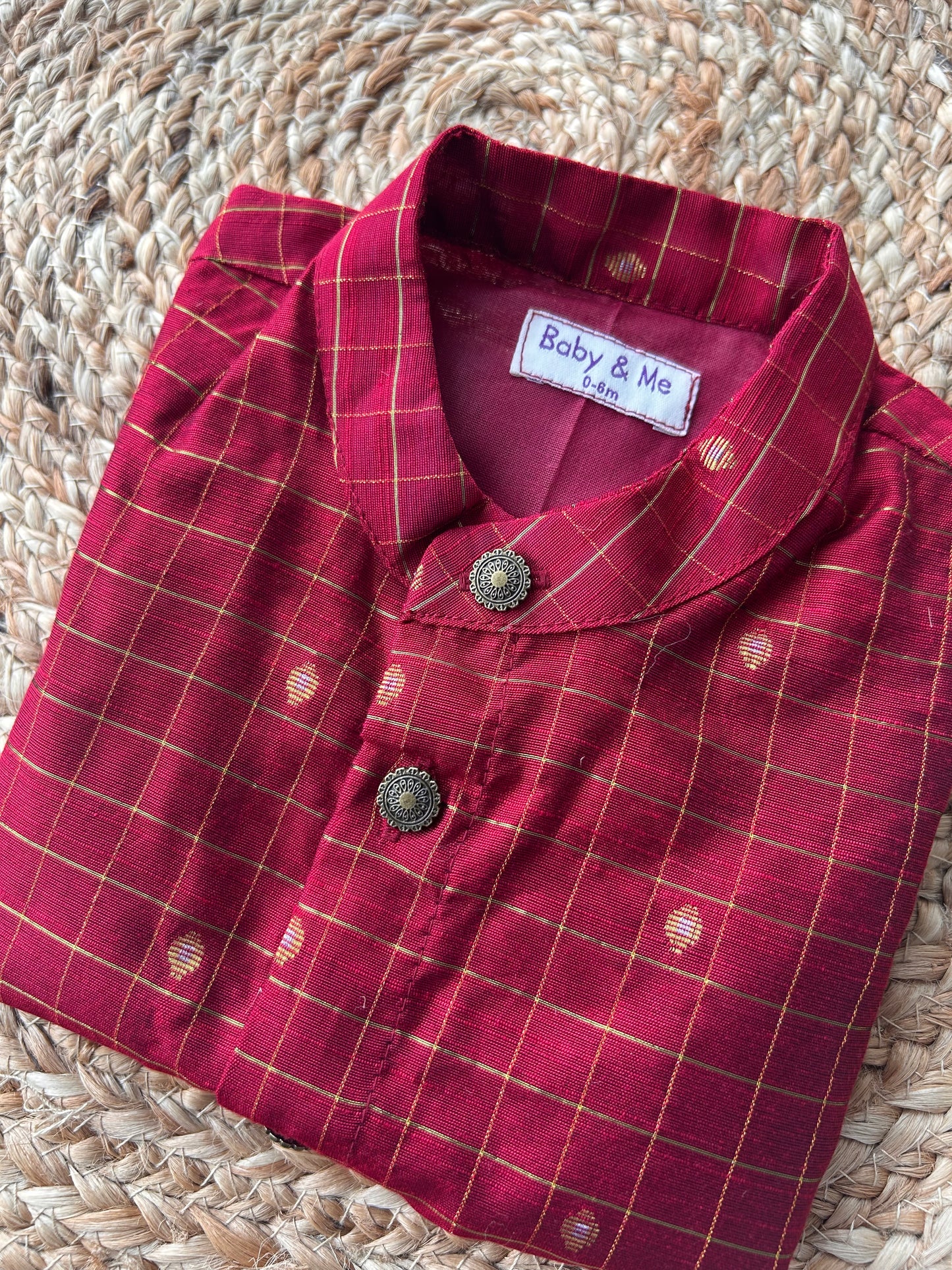 Magenta pink checks Kurta for baby boy ethnic top wear