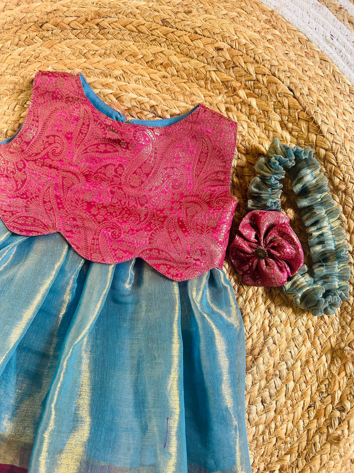 Aqua Blue with Pink Scalloped Gown Ethnic Wear for Baby Girl – Birthday frock for Baby Girl